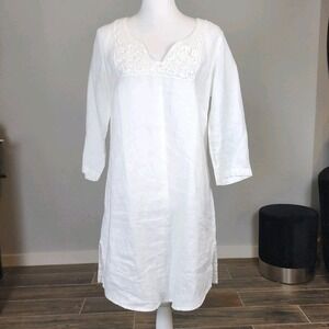 Malvin Hamburg White Linen Tunic Dress Womens 10 Crochet Coastal Lagenlook Beach